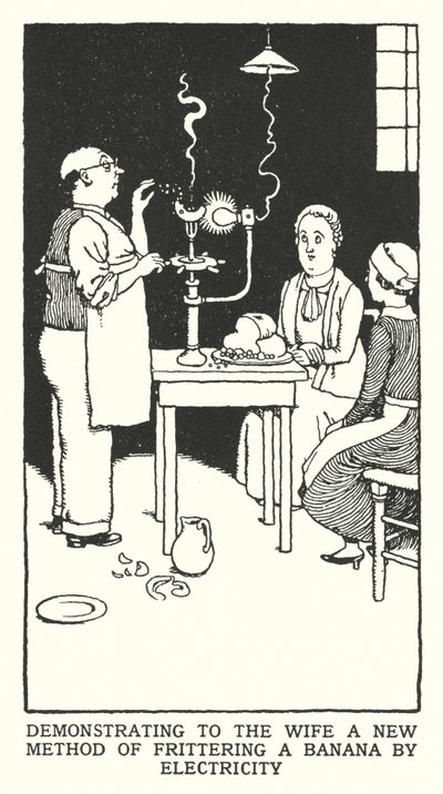 Demostrando a la esposa un nuevo método de freír un plátano con electricidad de William Heath Robinson