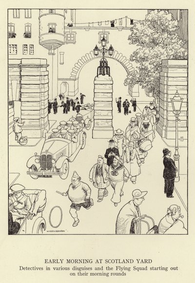 Madrugada en Scotland Yard, detectives disfrazados y el Escuadrón Volador comenzando sus rondas matutinas de William Heath Robinson