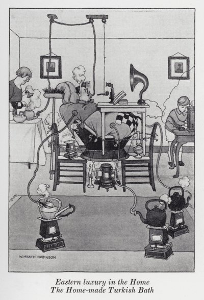 Lujo oriental en el hogar, el baño turco casero de William Heath Robinson