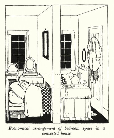 Arreglo económico del espacio del dormitorio en una casa convertida de William Heath Robinson