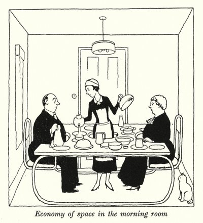 Economía de espacio en la sala de estar de William Heath Robinson