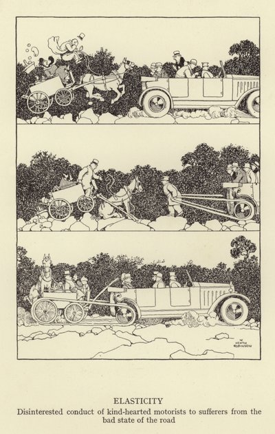 Elasticidad, conducta desinteresada de automovilistas de buen corazón hacia los afectados por el mal estado de la carretera de William Heath Robinson