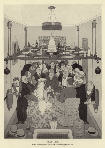 Vida plana, economía sensata del espacio en una recepción de boda de William Heath Robinson