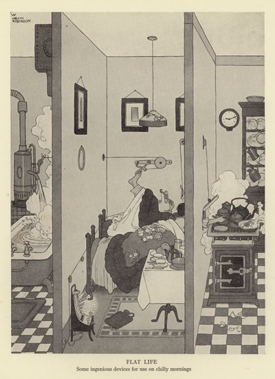 Vida plana, algunos dispositivos ingeniosos para usar en mañanas frías de William Heath Robinson