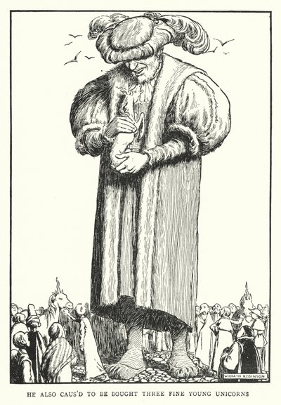 También hizo comprar tres jóvenes unicornios finos (litografía) de William Heath Robinson