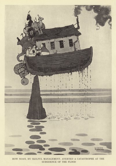 Cómo Noé, con hábil manejo, evitó una catástrofe en el descenso del diluvio de William Heath Robinson