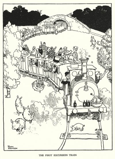 Ilustración para Railway Ribaldry de W Heath Robinson de William Heath Robinson