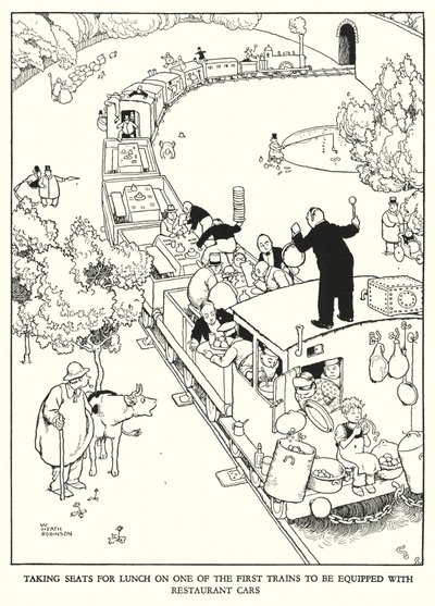 Ilustración para Railway Ribaldry de W Heath Robinson de William Heath Robinson