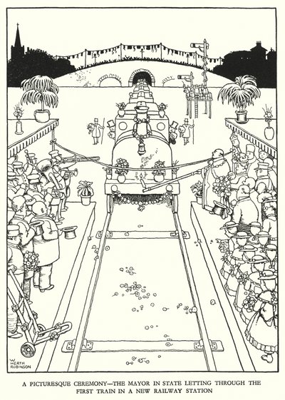 Ilustración para Railway Ribaldry de W Heath Robinson de William Heath Robinson