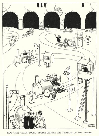 Ilustración para Railway Ribaldry de W Heath Robinson de William Heath Robinson