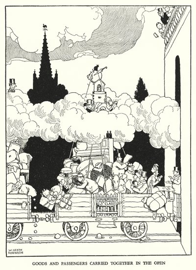 Ilustración para Railway Ribaldry de W Heath Robinson de William Heath Robinson