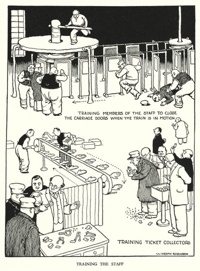 Ilustración para Railway Ribaldry de W Heath Robinson de William Heath Robinson