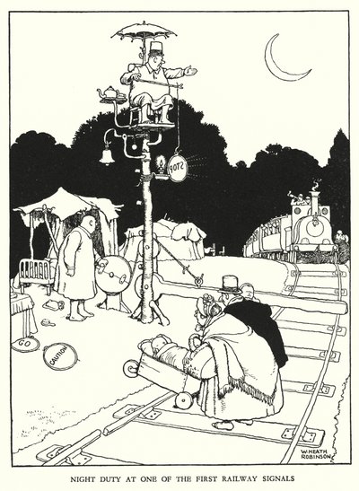 Ilustración para Railway Ribaldry de W Heath Robinson de William Heath Robinson