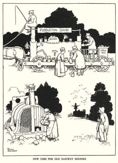Ilustración para Railway Ribaldry de W Heath Robinson de William Heath Robinson