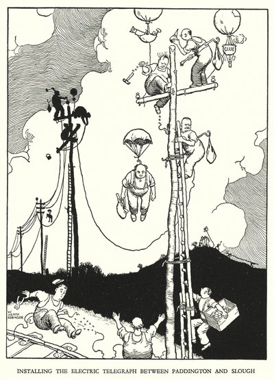 Ilustración para Railway Ribaldry de W Heath Robinson de William Heath Robinson