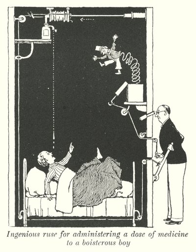 Ingenioso ardid para administrar una dosis de medicina a un niño bullicioso (litografía) de William Heath Robinson