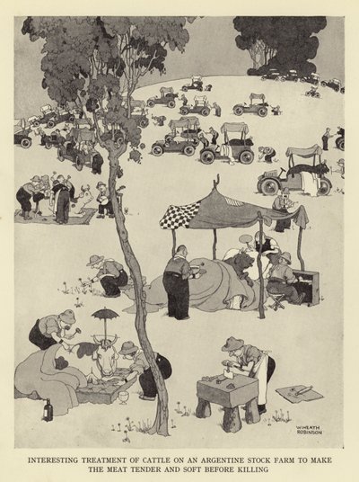 Tratamiento interesante del ganado en una granja argentina para hacer la carne tierna y suave antes de matar de William Heath Robinson