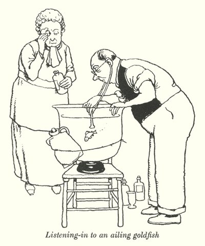 Escuchando a un pez dorado enfermo (litografía) de William Heath Robinson