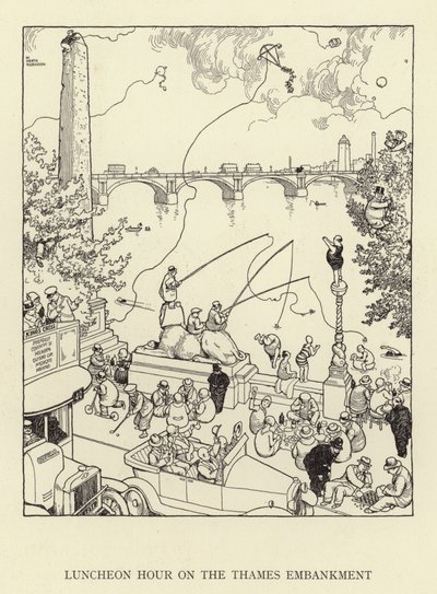 Hora del almuerzo en el malecón del Támesis de William Heath Robinson
