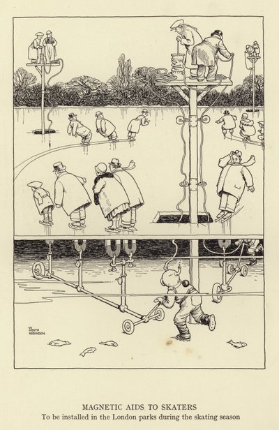 Ayudas magnéticas para patinadores, para ser instaladas en los parques de Londres durante la temporada de patinaje de William Heath Robinson