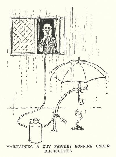 Manteniendo una hoguera de Guy Fawkes bajo dificultades de William Heath Robinson