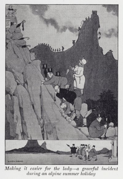 Facilitando las cosas para la dama, un incidente gracioso durante unas vacaciones de verano en los Alpes de William Heath Robinson