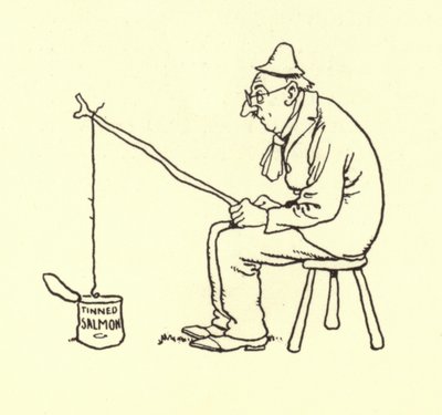 Hombre pescando salmón enlatado de William Heath Robinson