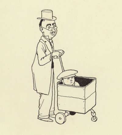 Hombre empujando a un niño en una caja de William Heath Robinson