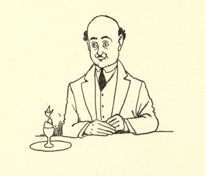 Hombre sorprendido por un pájaro en su huevo matutino de William Heath Robinson