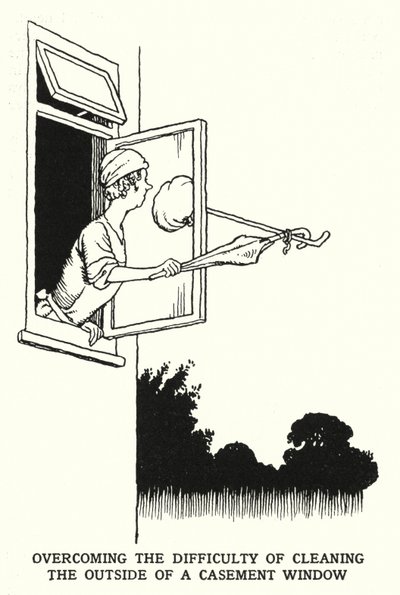 Superando la dificultad de limpiar el exterior de una ventana abatible de William Heath Robinson