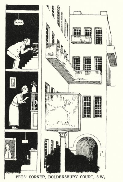 Rincón de Mascotas, Boldersbury Court, SW de William Heath Robinson