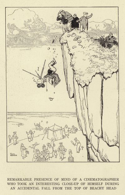 Notable presencia de ánimo de un cinematógrafo que tomó un interesante primer plano de sí mismo durante una caída accidental desde la cima de Beachy Head de William Heath Robinson