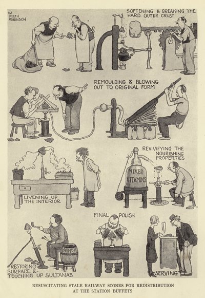 Reanimando bollos de ferrocarril rancios para redistribución en los bufés de la estación de William Heath Robinson