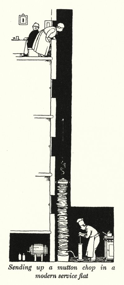 Enviando una chuleta de cordero en un piso de servicio moderno de William Heath Robinson