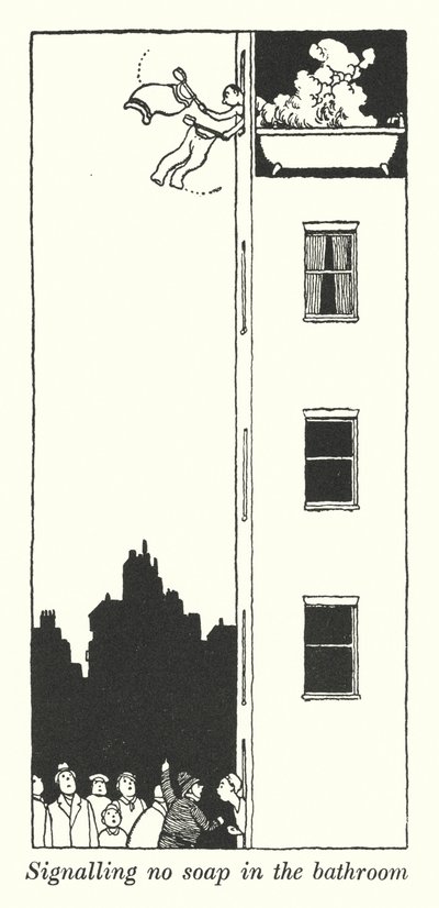 Señalando que no hay jabón en el baño (litografía) de William Heath Robinson