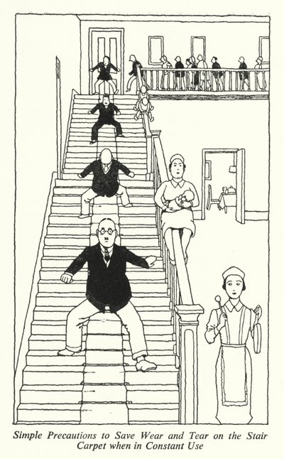 Precauciones simples para ahorrar desgaste en la alfombra de la escalera cuando está en uso constante de William Heath Robinson