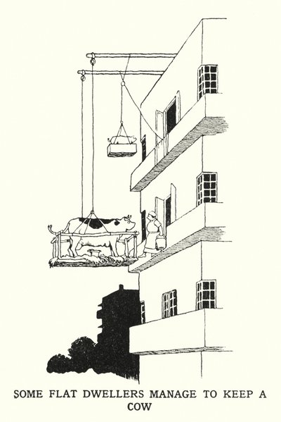 Algunos habitantes de pisos logran mantener una vaca de William Heath Robinson