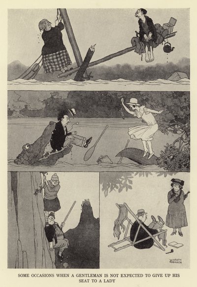 Algunas ocasiones en las que no se espera que un caballero ceda su asiento a una dama de William Heath Robinson