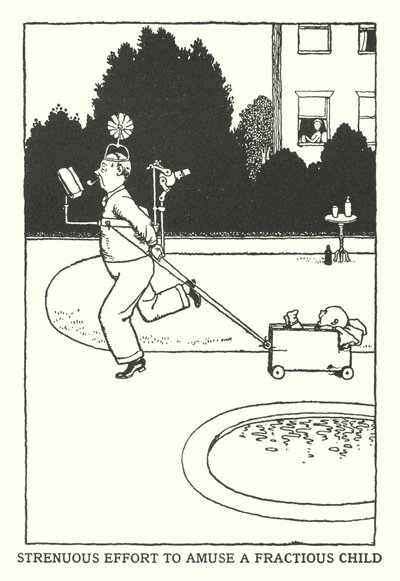 Esfuerzo arduo para divertir a un niño irritable (litografía) de William Heath Robinson
