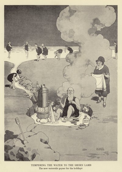 Templando el agua para el cordero esquilado, el nuevo géiser junto al agua para las vacaciones de William Heath Robinson