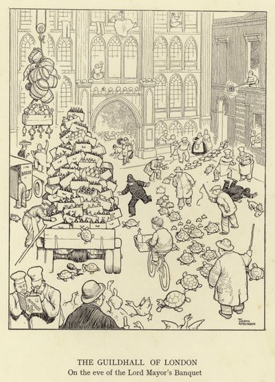 El Guildhall de Londres, en la víspera del Banquete del Alcalde de William Heath Robinson