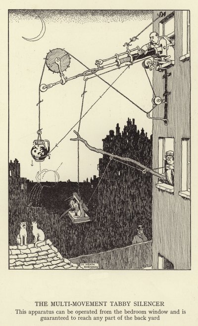 El Silenciador de Gatos Multimovimiento, este aparato puede ser operado desde la ventana del dormitorio y está garantizado para alcanzar cualquier parte del patio trasero de William Heath Robinson