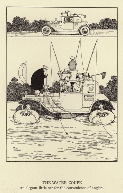 El Coupe de Agua, un pequeño coche elegante para la conveniencia de los pescadores de William Heath Robinson