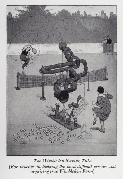 El tubo de servicio de Wimbledon, para practicar el servicio más difícil y adquirir la verdadera forma de Wimbledon de William Heath Robinson