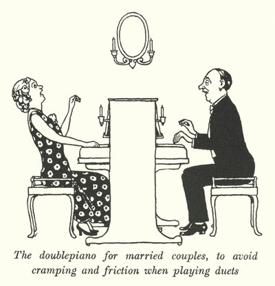 El doble piano para parejas casadas, para evitar calambres y fricciones al tocar duetos de William Heath Robinson