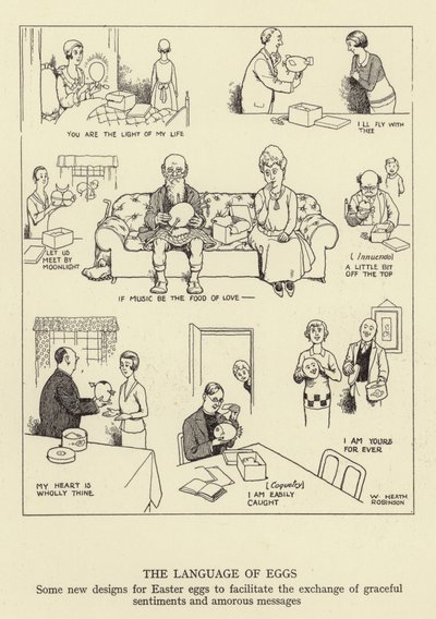 El lenguaje de los huevos, algunos nuevos diseños para huevos de Pascua para facilitar el intercambio de sentimientos graciosos y mensajes amorosos de William Heath Robinson