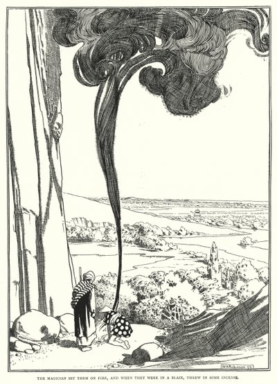 El mago los prendió fuego, y cuando estaban en llamas, arrojó incienso (grabado) de William Heath Robinson