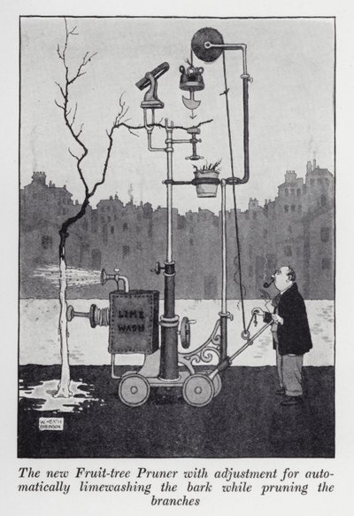 El nuevo podador de árboles frutales con ajuste para encalar automáticamente la corteza mientras poda las ramas de William Heath Robinson