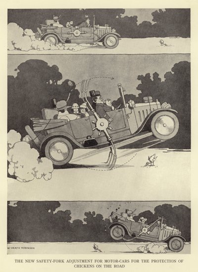 El nuevo ajuste de horquilla de seguridad para automóviles para la protección de pollos en la carretera de William Heath Robinson