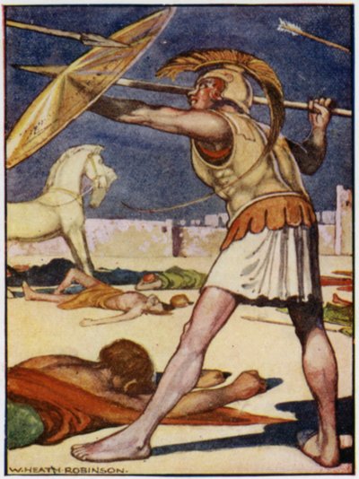 La punta de la lanza voló sobre el hombro izquierdo de Patroclo de William Heath Robinson